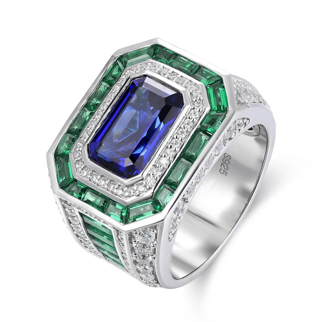 Gemfiori Anster Classic Men's Ring Lab Grown Emerald Sapphire Gemstone Rings 925 Sterling Silver for Gift Party Engagement Anniversary