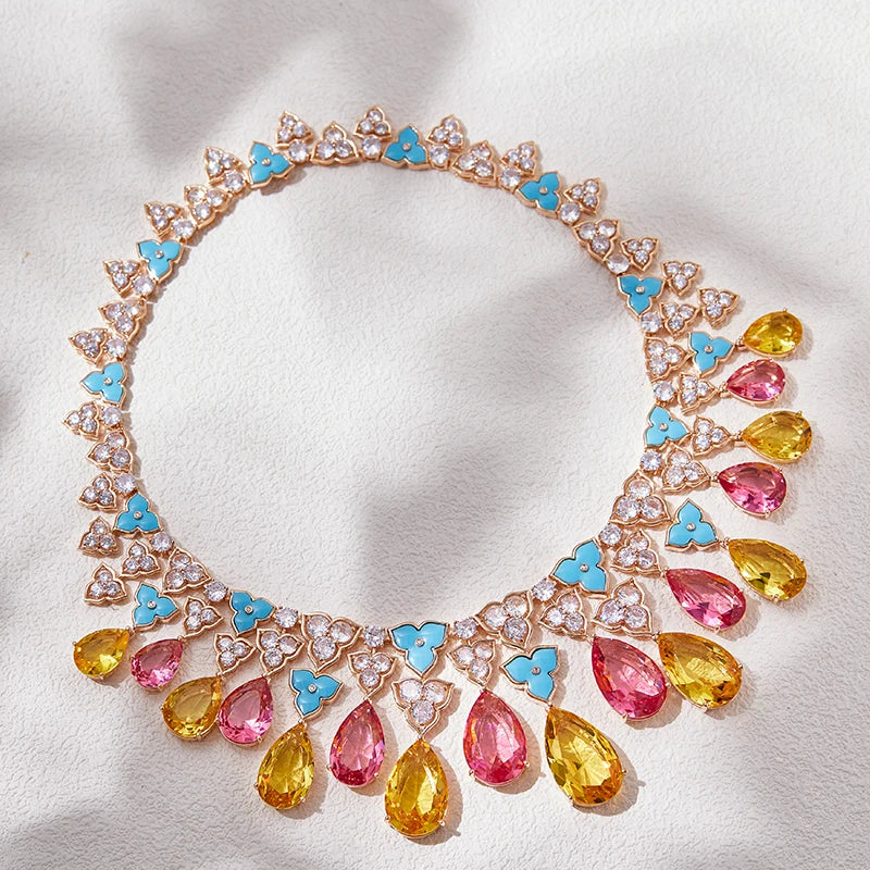 Customized Gold Plated Inlaid Zircon Green Floral Evening Dress for High-end Dubai Jewelry Necklace Earrings Set for Women