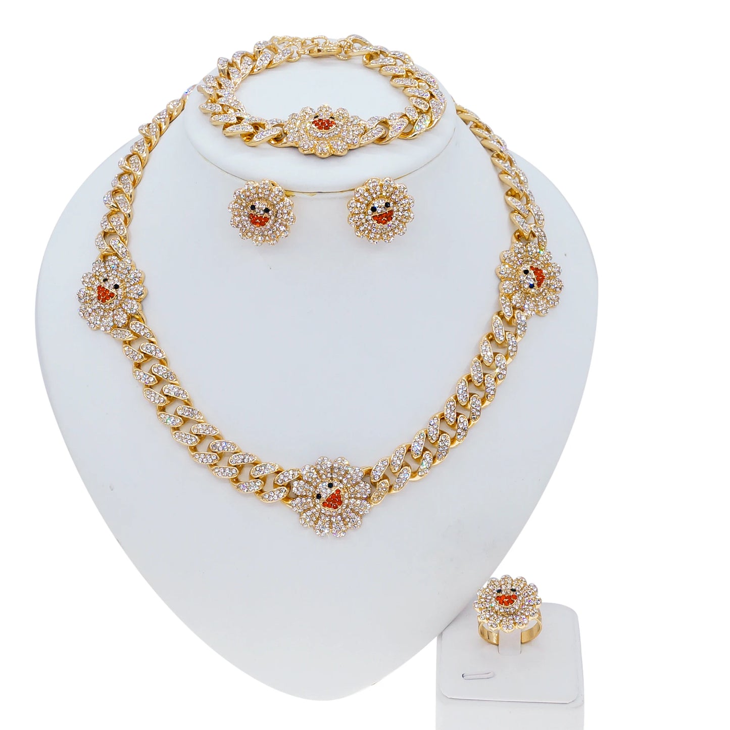 Zhuerrui Gypsophila Hip Hop Style Women's Cuban Chain Jewelry Set Sun Flower Girl Cuban Crystal Exquisit Gold Plated Jewelry Set
