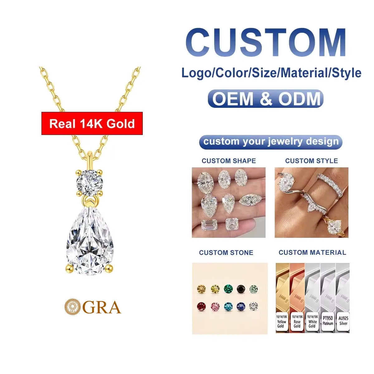 Gioiellieri Luxury Jewelry Gold Woman Engagement New Year Gift 3ct Pear Cut Moissanite Pendant Hollow 14K Real Gold Necklace
