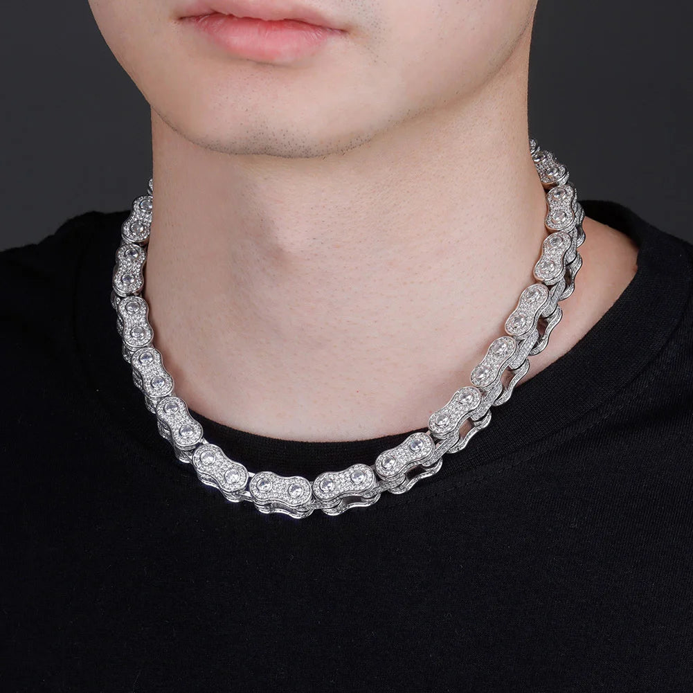Hip Hop 5A Zircon INS Bicycle Chain Design Luxury Men's Cuban Link Necklaces Rhodium Plated for Parties Weddings Wholesale