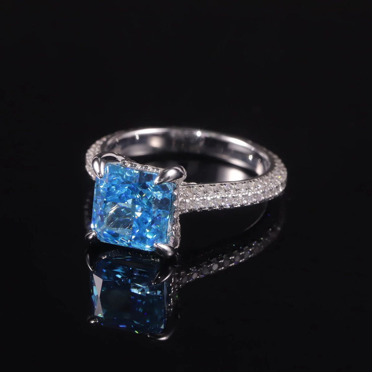 ArtistA AR053 Abiding Luxury Custom Cushion Shape 9x9MM Ice Cut Diamond-fire CZ Aqua Blue Cubic Zirconia Engagement Half Eternity Ring