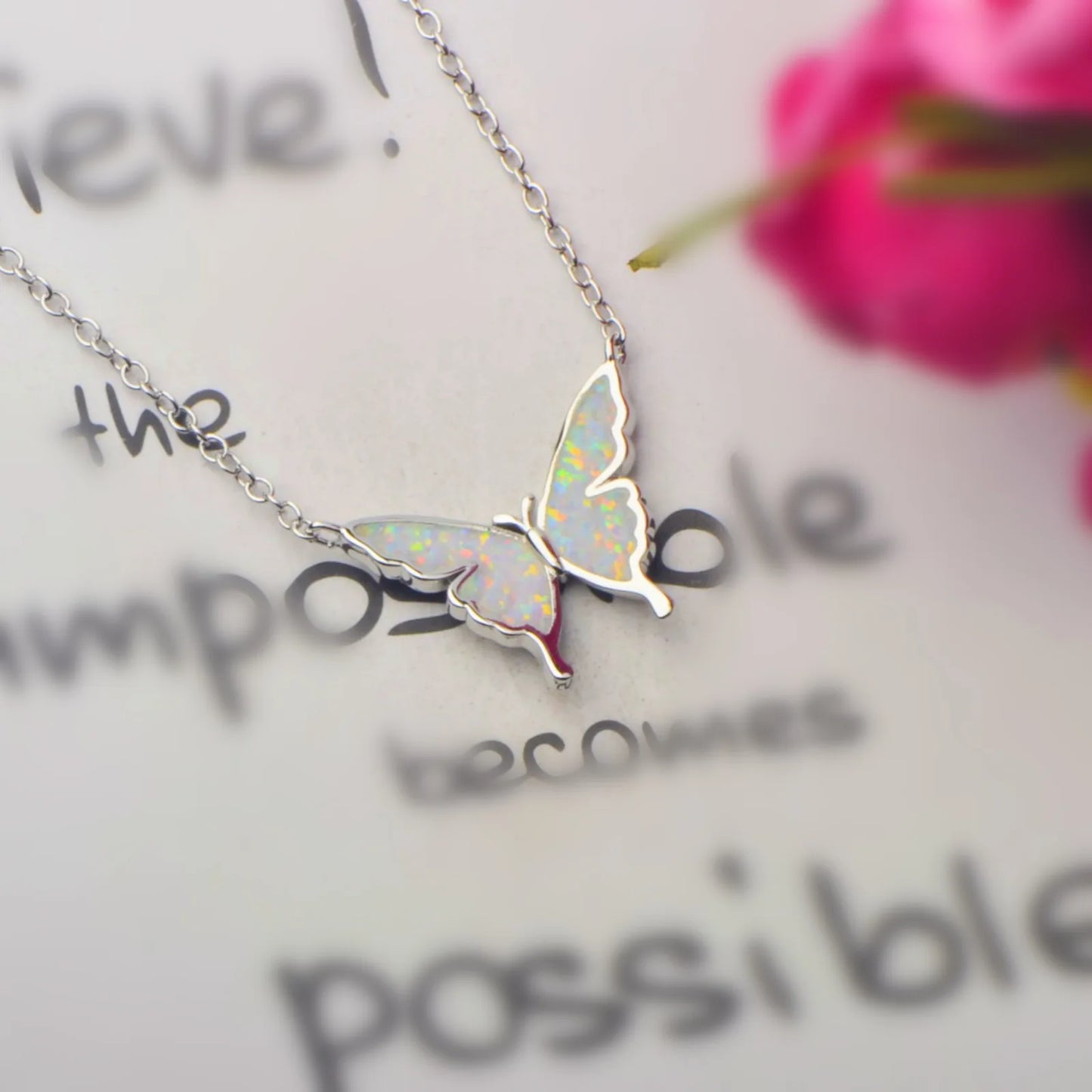Iridescent Opal Butterfly Pendant | Silver Fashion Necklace