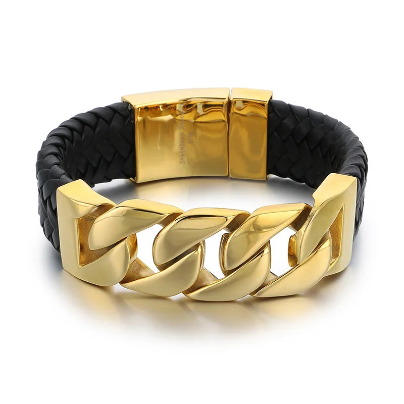 REBEL 240mm Punk Leather&Stainless Steel Cuban Links Bangle Bracelet