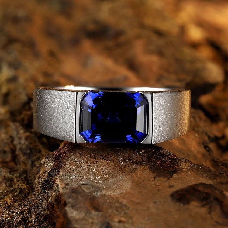 Gemfiori Classic 925 Sterling Silver Men's Ring Lab Created Sapphire Ring 3.51ct Emerald Cut Shape Main Stone for Gift Party Anniversary