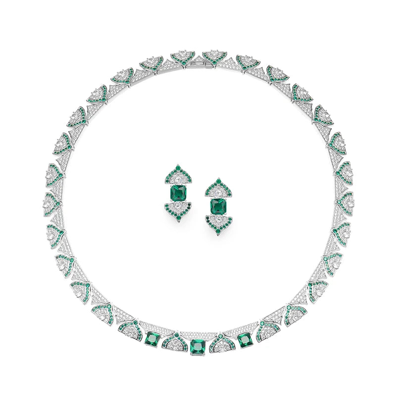High-grade Jewelry Manufacturer Green High-end Dress Suit Brass Plated Women's Clavicle Chain Dinner Set Earrings Jewelry