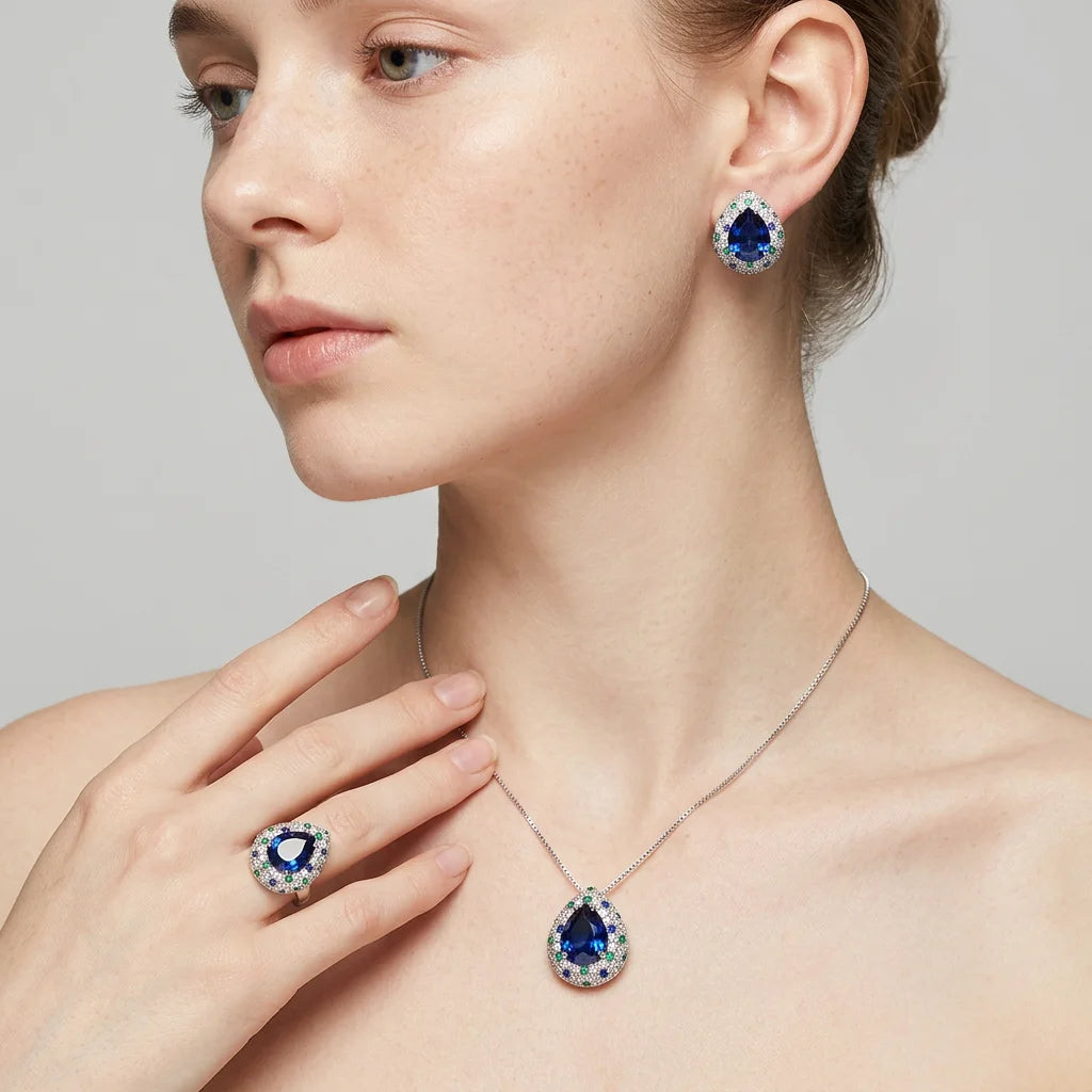Fashion Eco-friendly Copper Pear Cut 10*12MM Water Drop Blue Pendant Earrings Ring Set Water Drop Jewelry Set for Women