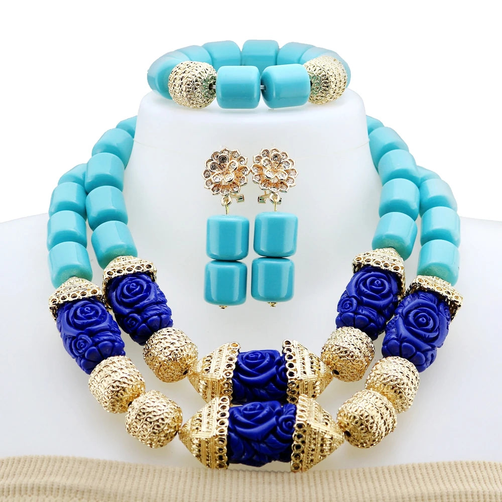 Zhuerrui Luxury Red Rose Carved Beaded Jewelry Set Nigerian Bridal Coral Necklace Earrings Set for Wedding Party YL1016