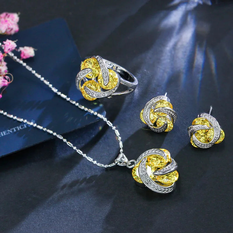 3pcs Geometric Multi Color Cubic Zirconia Crystal Cute Pendant Chian Necklace Earring and Finger Rings Jewelry Sets for Female