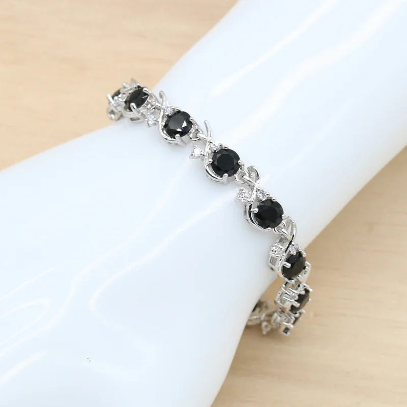 XOTICA Classic Silver Color Wedding Set for Women Alloy Bracelet Necklace Ring Black Zirconia for Parties Engagements Christmas Gift
