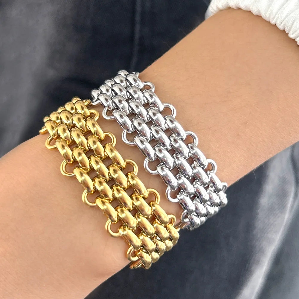 REBEL Hip Hop Fashion Jewelry Sets 18K Gold Stainless Steel Multilayer Woven Wide Chain Necklace and Bracelet Jewelry Sets for Women