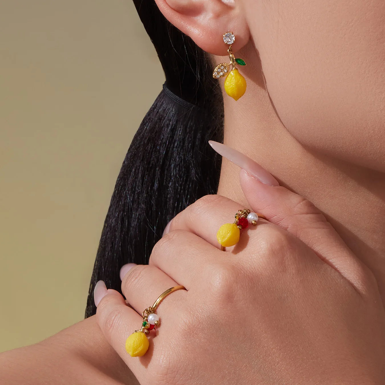 Lemon Fruit Zircon Jewellery Collection | Necklace, Earrings, Bracelet & Ring | Gold & Silver