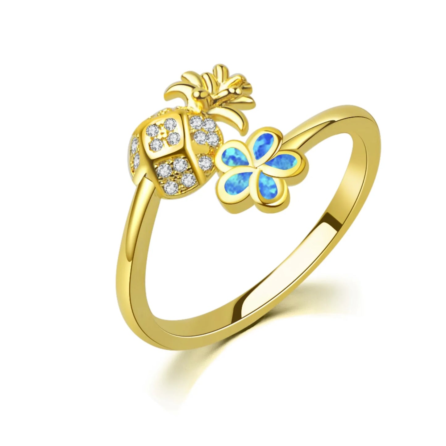 Hawaiian Pineapple Flower Opal Brass Modern Bohemian Design Ring