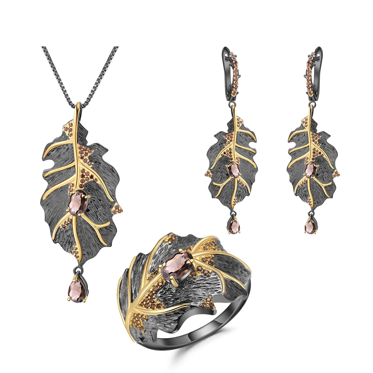 ArtistA C7551 Abiding Black Gold Plated Maple Leaf Design Natural Smoky Quartz 925 Silver Dubai Jewelry Sets Jewellery