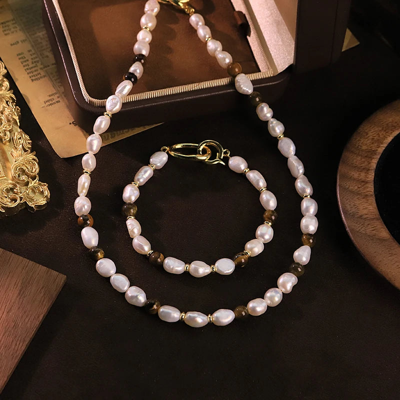 GLSEEVO Natural Freshwater Pearl Tiger Eye Beaded Jewelry Set for Women Birthday Gift Dainty Necklace Bracelet Fashion Jewelry