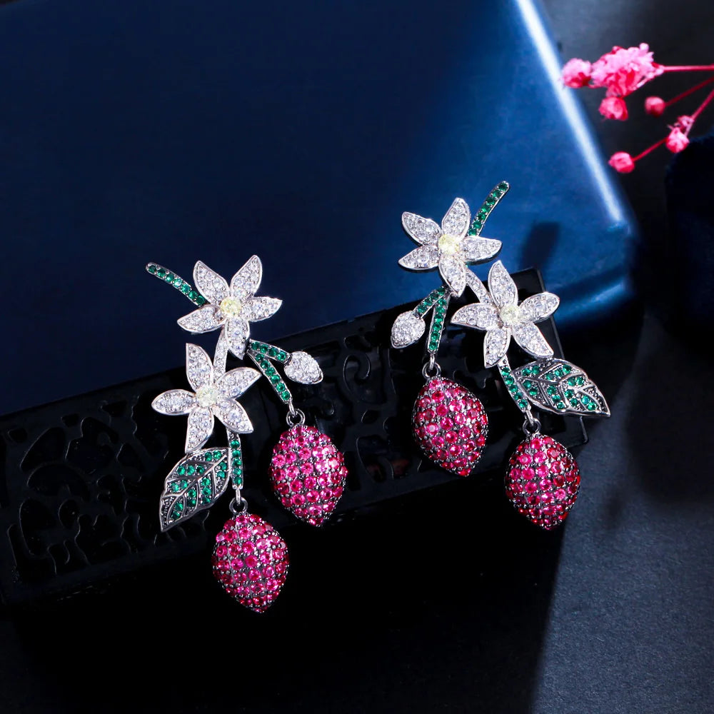 S&S Red CZ Flower Leaf Water Drop Dangle Earrings | Two-Tone | 925 Pin | NewLife