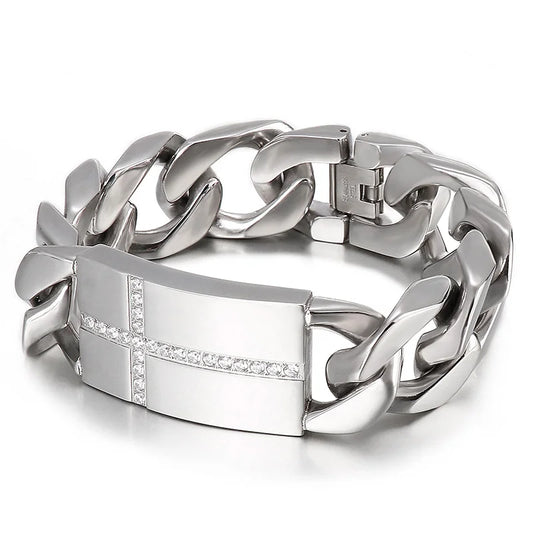 KALEN 220mm Stainless Steel Cuban Link Bracelet With Cross/Infinity Mark Zircon Patterns