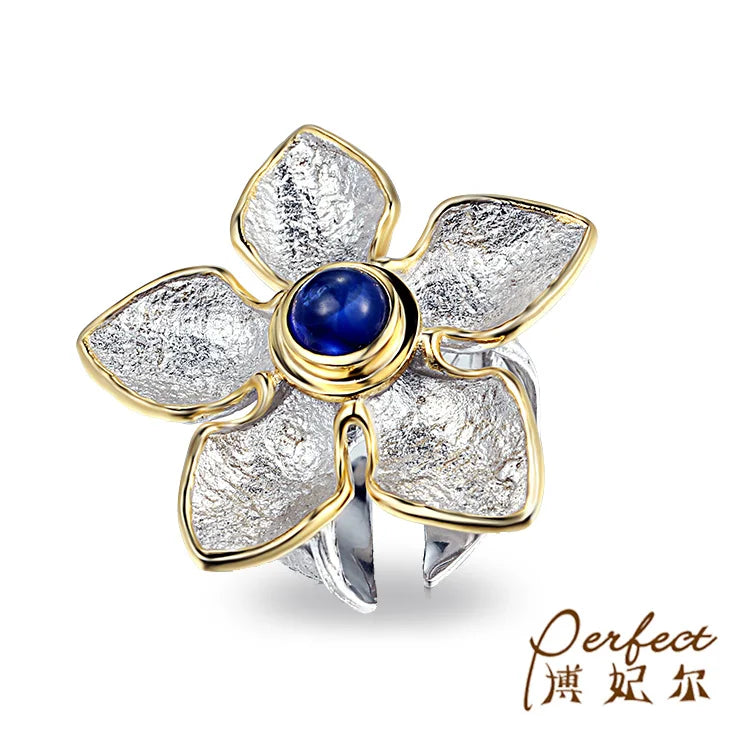 Nature Blue Glass Handmade 925 Sterling Silver Ring Jewelry with Gold Plated