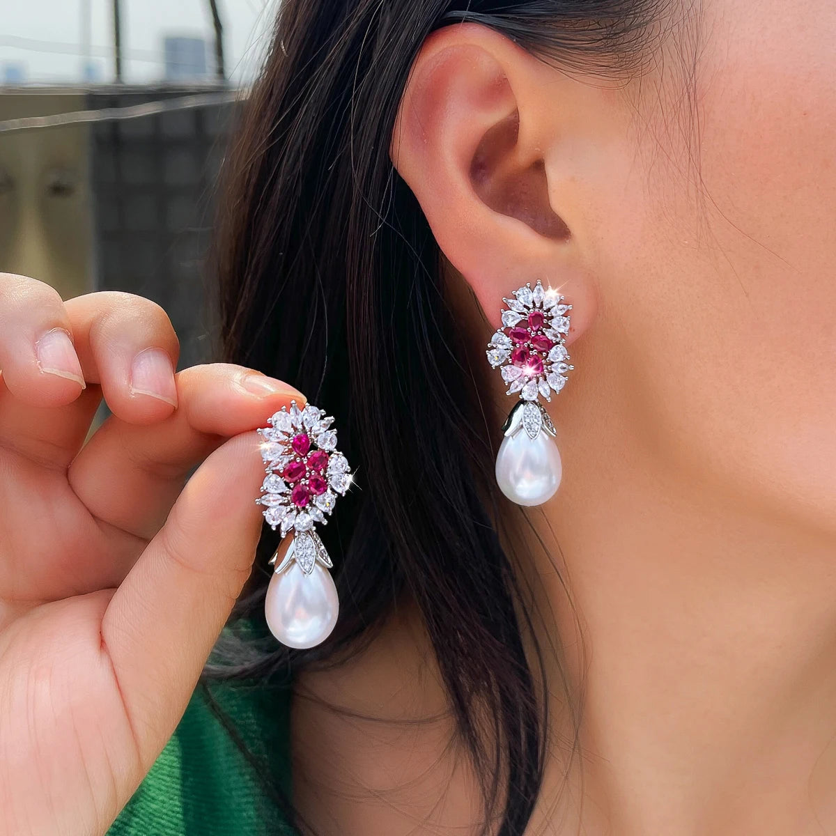 S&S Red CZ & Pearl Geometric Drop Earrings | Bridal Wedding Prom | NewLife
