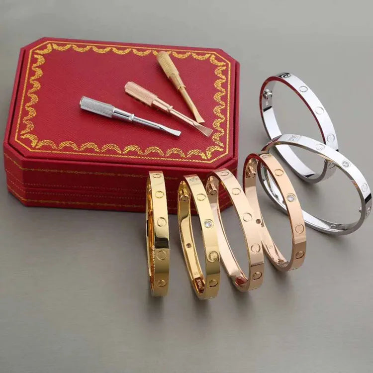 S&S Fashion Zircon Brand Screwdriver Screw Love 316L Stainless Steel 18K Gold Plated Bangle Bracelets for Women and Men