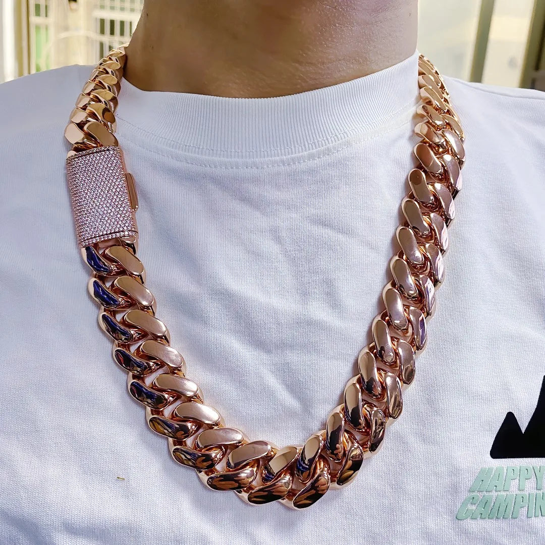 Wholesale Rose Gold Cuban Link Chain and Bracelet Set for Men 18mm Chain with Bling Iced Out Lock Hip Hop Fashion Jewelry