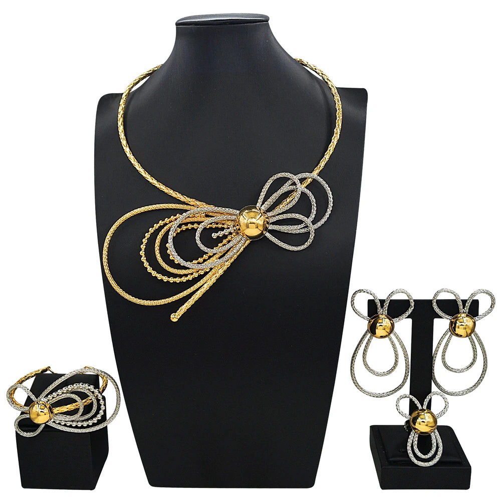 Zhuerrui African Italian Gold Plated Jewelry Set Bold Ribbed Twisted Geometric Choker for Women Wedding Banquet X00132