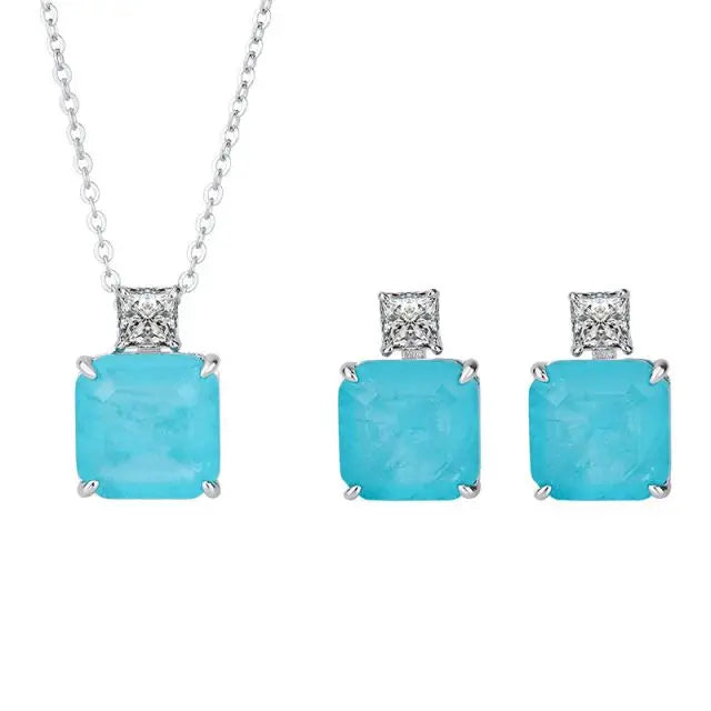 S&S Paraiba Blue Zircon 925 Silver Jewellery Set | Pendant Necklace & Earrings | S&S Collection