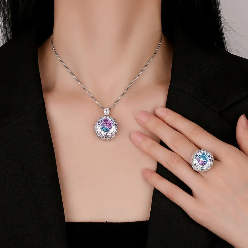 Gemfiori Light Luxury New Style Jewelry Gold Plated Madam Rose Light Luxury Pendant Necklace Ring Set 18-16m Wedding Jewelry