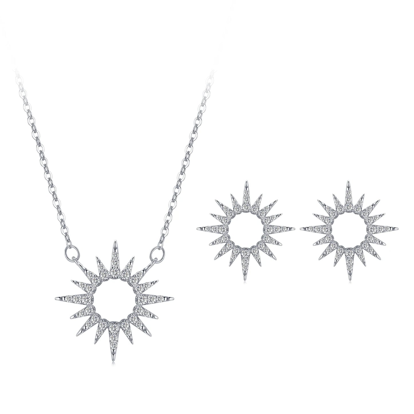 Sparkling Clear Zircon 925 Sterling Silver Luxury Sun Pendant Necklace Earrings For Women Classic Wedding Statement Jewelry