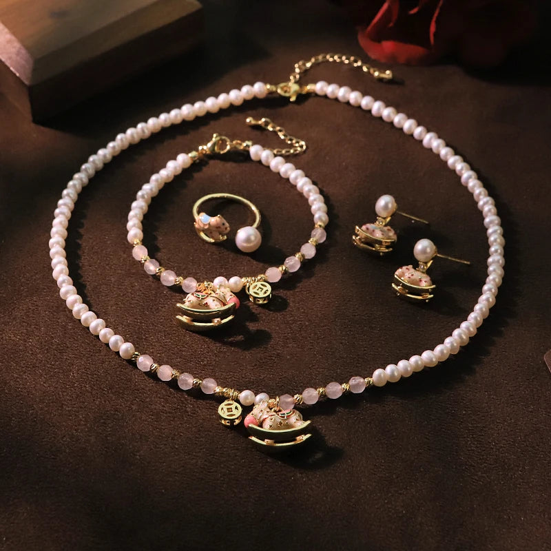 Natural Freshwater Pearl Pink Rocking Horse Jewelry Set for Women Birthday Gift Necklace Bracelet Earrings Ring Dainty Jewelry