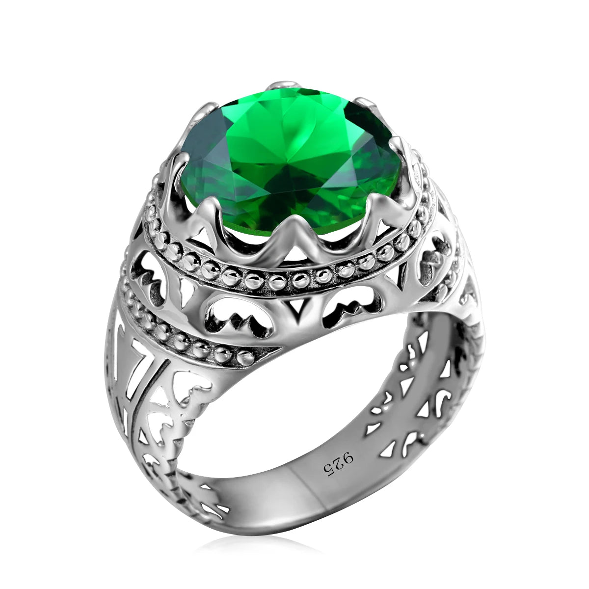 BiG-BOSS Vintage 925 Sterling Silver Men's Emerald Ring Gothic Punk Statement Jewelry Huge Gemstone Finger Rings for Men Custom Gift
