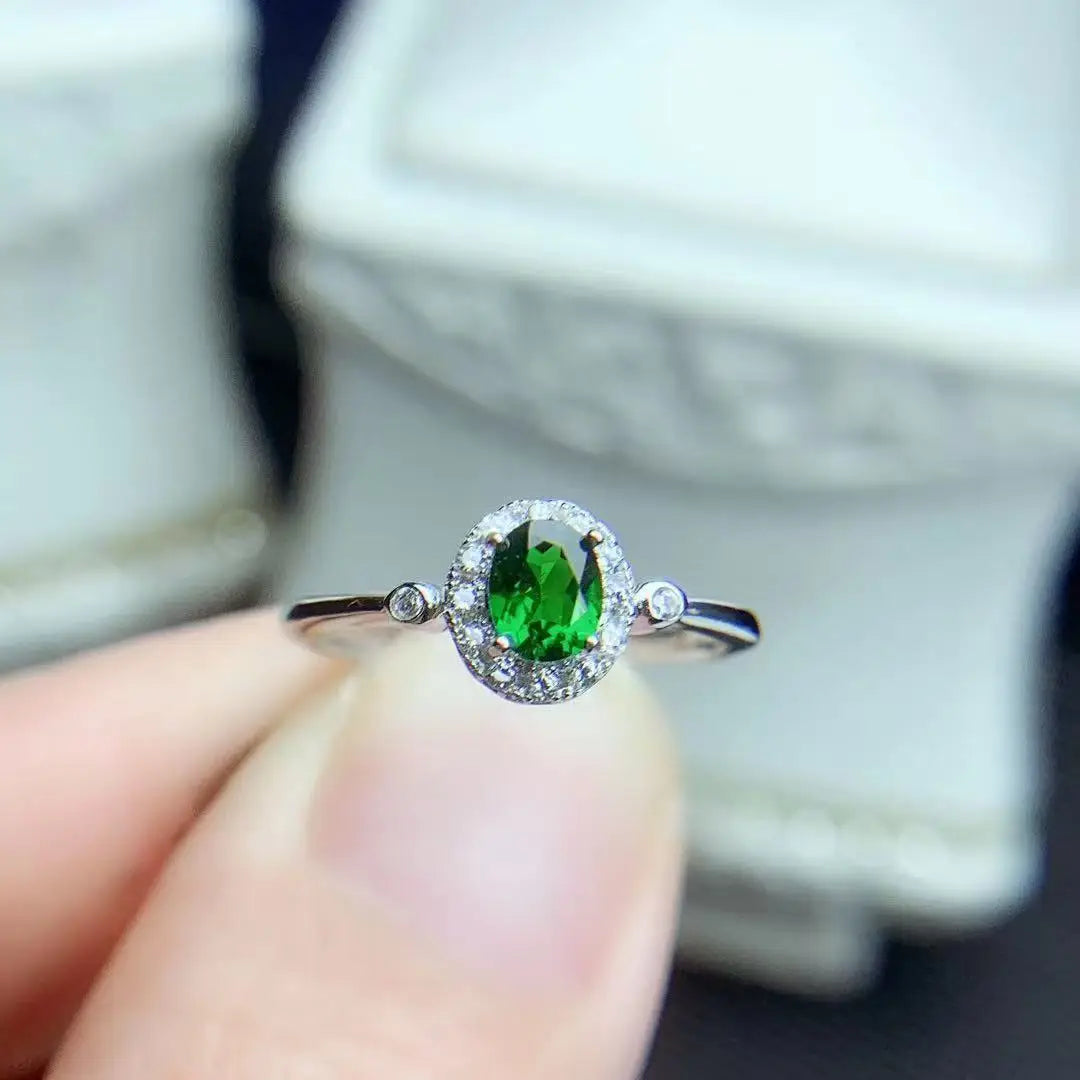 Jewelry 925 Sterling Silver Natural Diopside Ring Bracelet Necklace Set Engagement Gift 18K Gold-plated Women's Jewelry