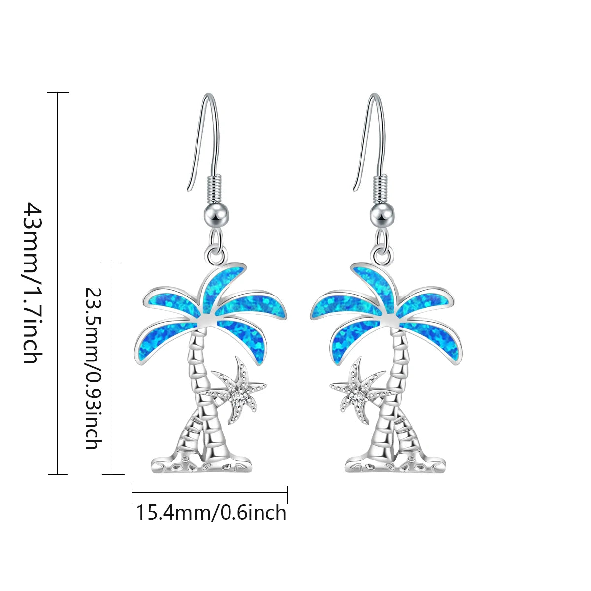 Trendy Silver Plated Brass Tropical Palm Tree Blue Fire Opal Starfish Drop Earrings-Women's Beach Vacation Jewelry Bulk Gifts