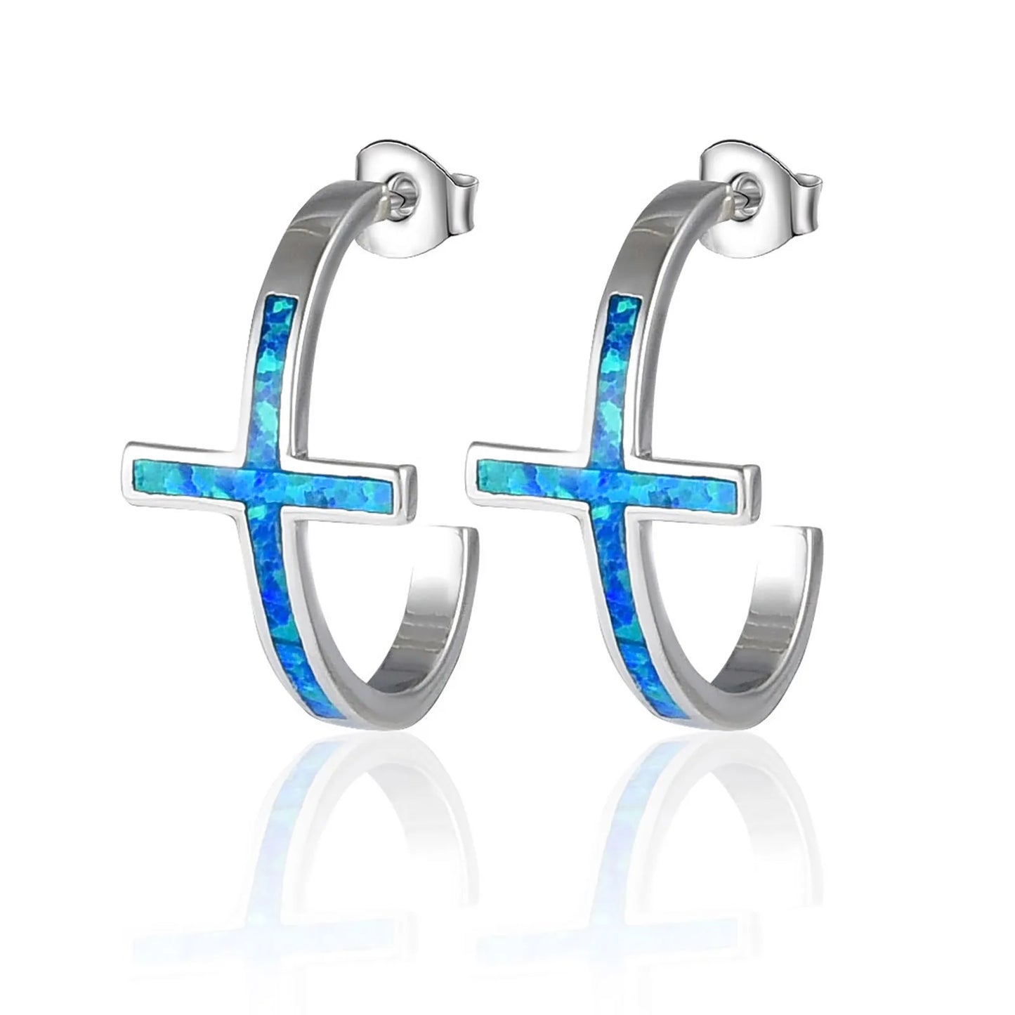 Faith Cross Opal Huggie Earrings - Blue Fire Opal Inlaid Cross Hoop Design | Minimalist Spiritual Jewelry Bulk Gifts