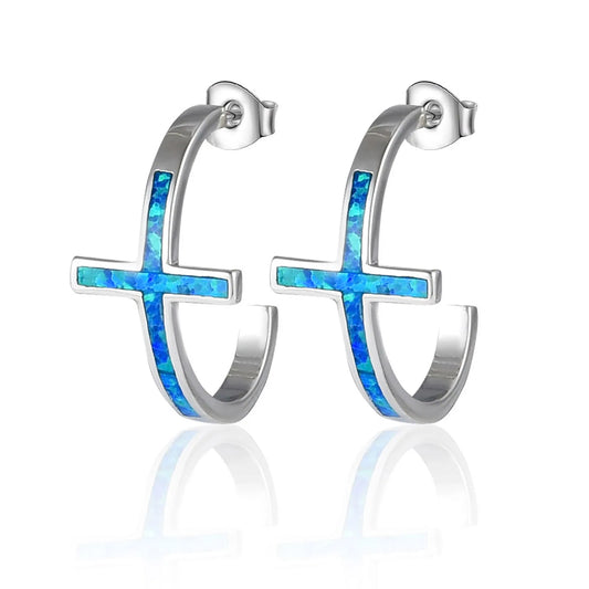 Faith Cross Opal Huggie Earrings - Blue Fire Opal Inlaid Cross Hoop Design | Minimalist Spiritual Jewelry Bulk Gifts