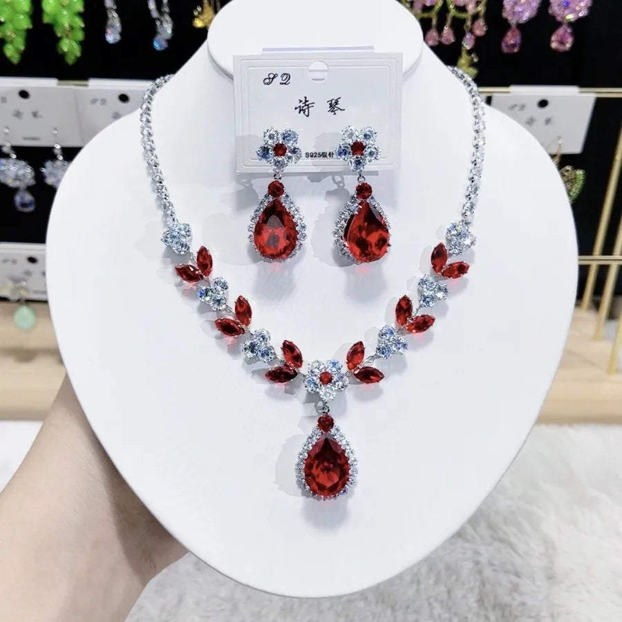 K081 High End Women Exquisite Luxurious Flower Water Drop Zircon Bridal Necklace Earrings Set Wedding Elegant Jewelry Set
