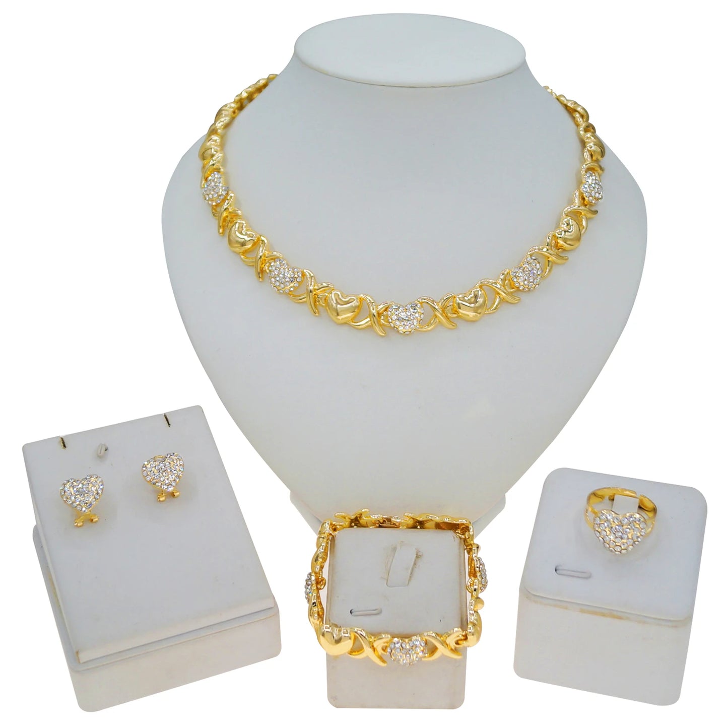 Zhuerrui's New Fashion Dating Jewelry Set of Four Pieces, High-end Gold-plated and Diamond-encrusted Heart, Vibrant and Elegant