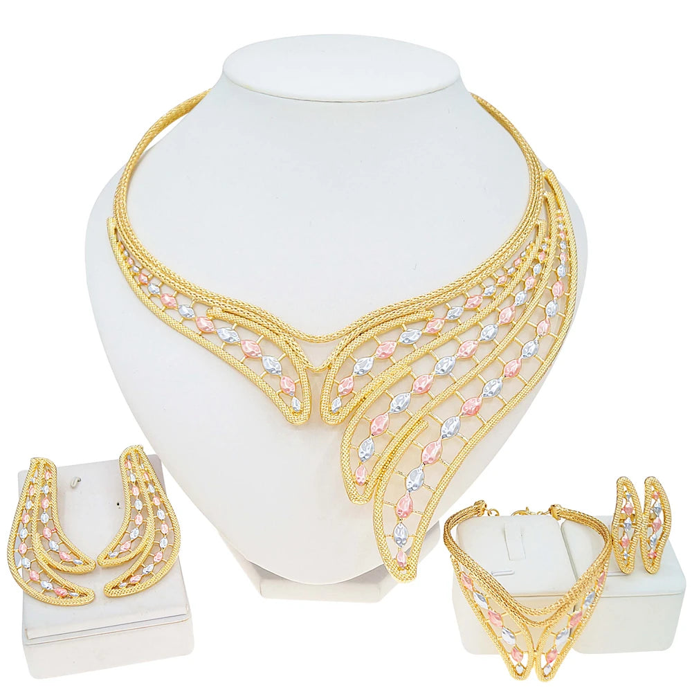 Zhuerrui Luxury V-neck Choker Wedding Jewelry Set for Bride Brazilian Gold Plated Bridesmaid Accessories with Crystal  X0008330