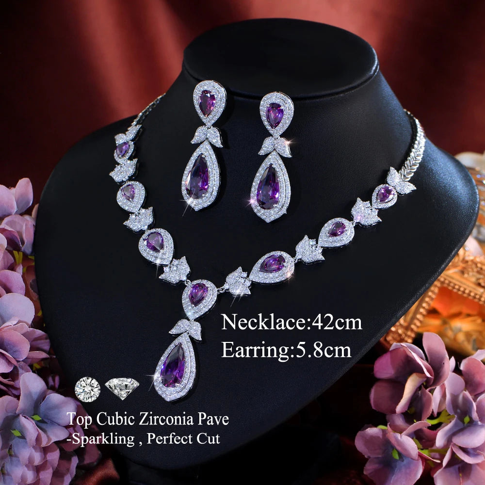 Gorgeous Purple White Cubic Zirconia Stone Luxury Big Long Water Drop Bridal Wedding Evening Party Jewelry Set for Women