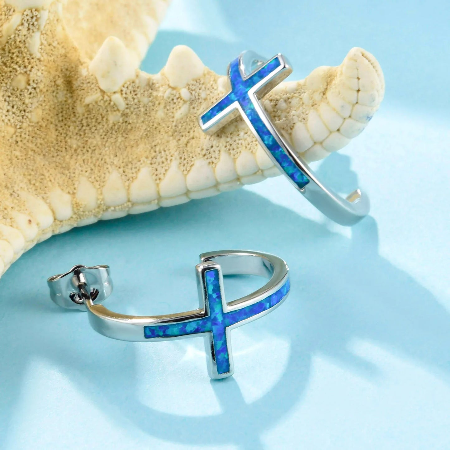 Faith Cross Opal Huggie Earrings - Blue Fire Opal Inlaid Cross Hoop Design | Minimalist Spiritual Jewelry Bulk Gifts