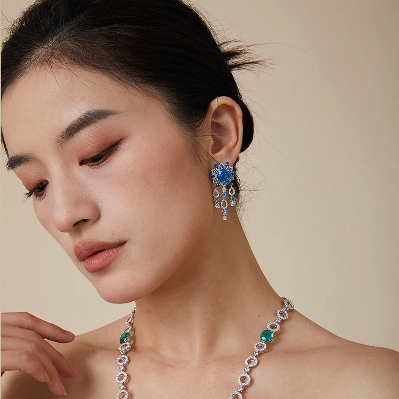Women's Blue Waterproof Long Necklace Earring Set with Big Zircon Stone Exaggerated Blue Stone Temperament Accessories Weddings