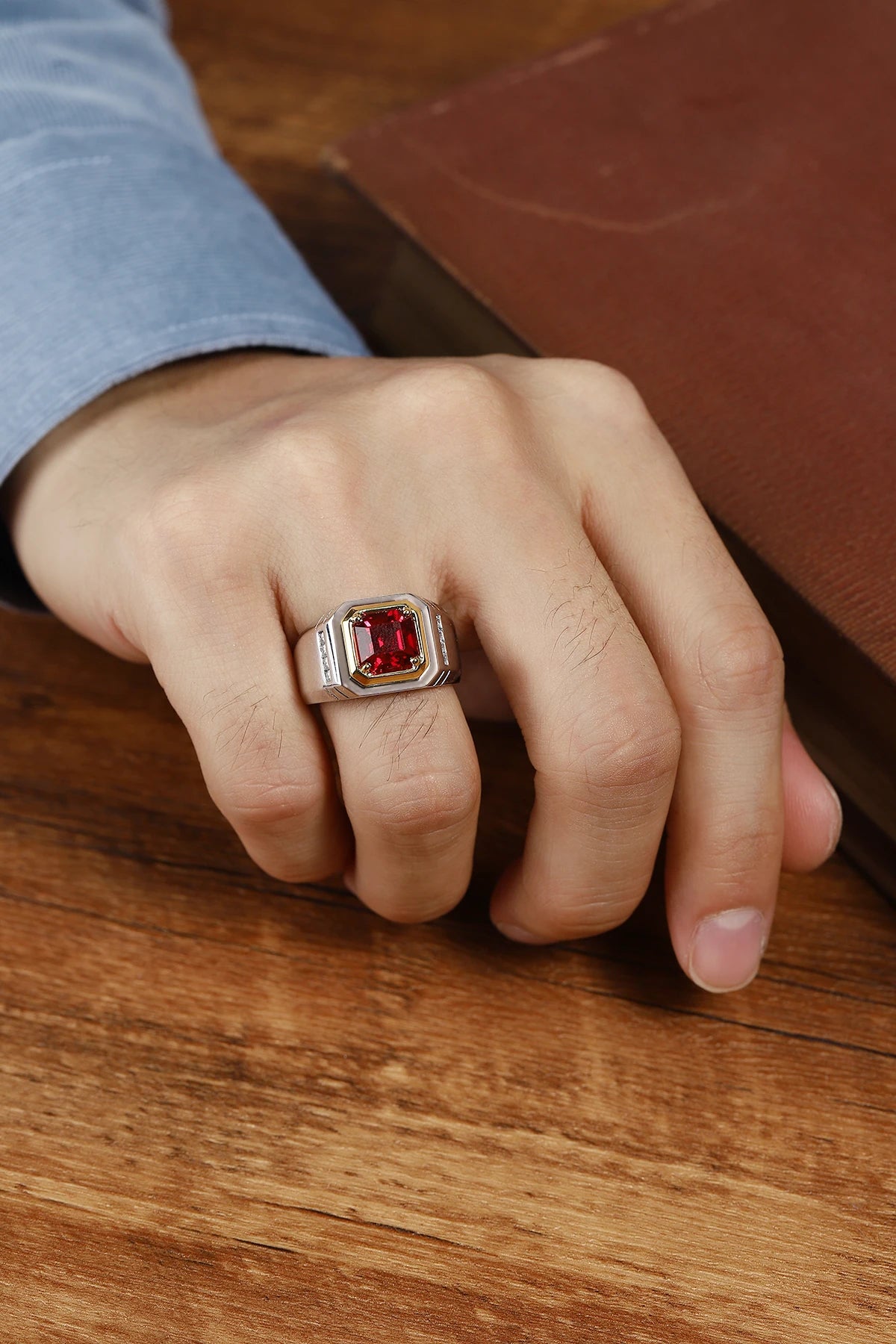 Gemfiori Lanphear Solitaire S925 Sterling Silver Women Ring Asscher Cut Ruby Gem Men's Wedding Birthday Gifts Lab Grown Ruby Fashion Ring