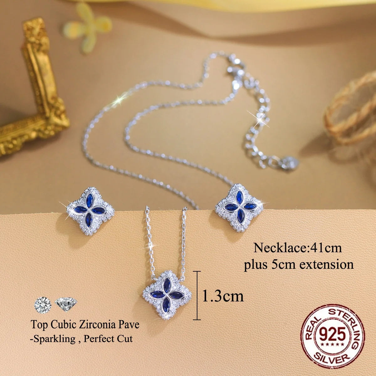 925 Sterling Silver Marquise Cut Blue CZ Halo Necklace Earrings Sparkling Lucky Four Leaf Clover Jewelry Set for Daily Wear