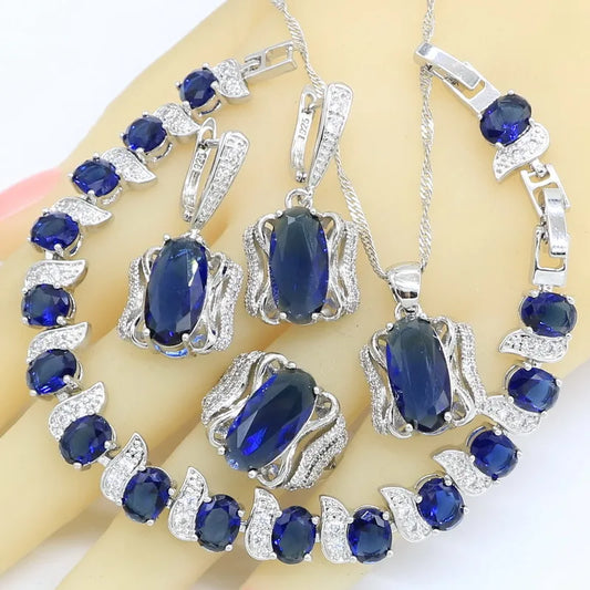 Blue Semi-Precious 925 Sterling Silver Jewellery Set for Women Wedding Bracelet Earrings Rings Necklace Pendant-for Party Gift