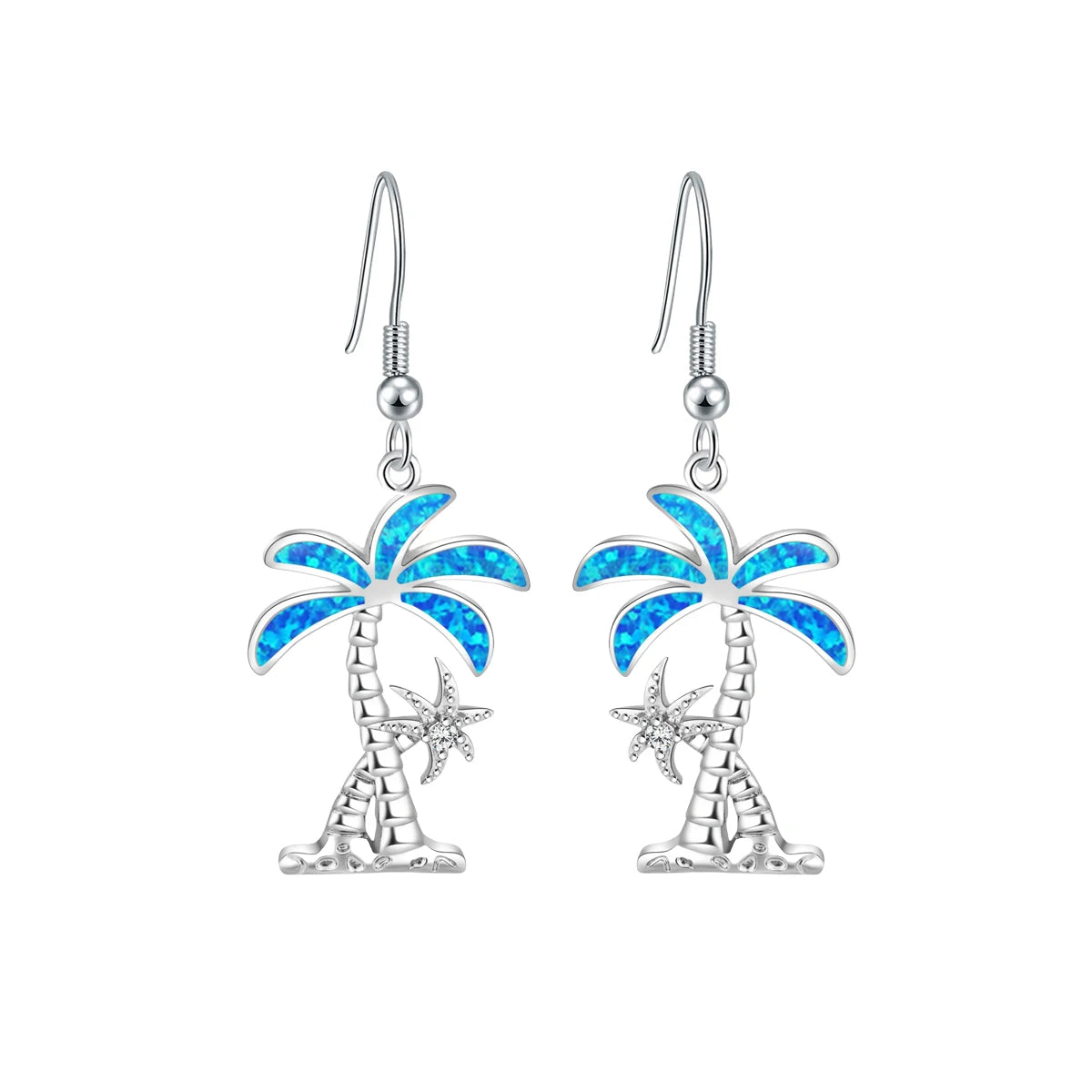 Trendy Silver Plated Brass Tropical Palm Tree Blue Fire Opal Starfish Drop Earrings-Women's Beach Vacation Jewelry Bulk Gifts