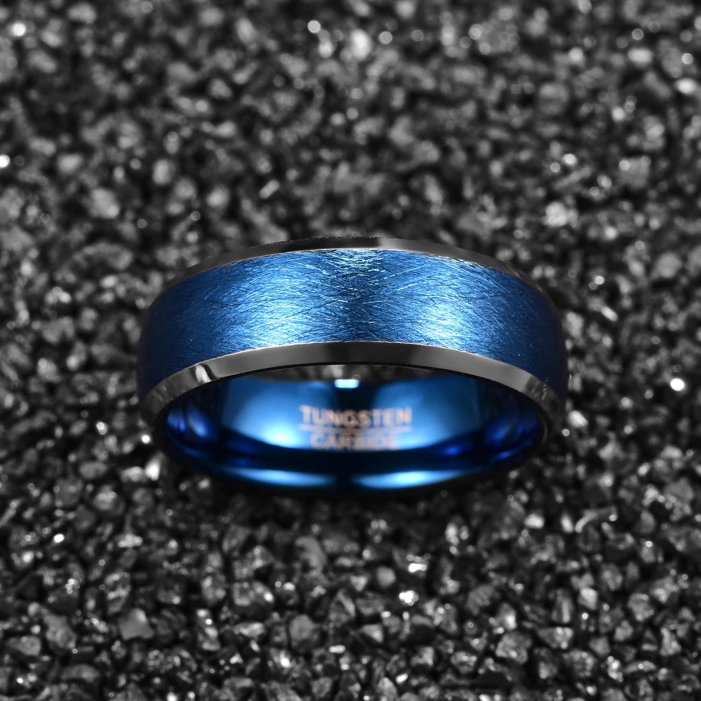 8mm width handmade chamfer bright edges thousand silk effect plated blue men's or women's unisex tungsten steel ring jewelry