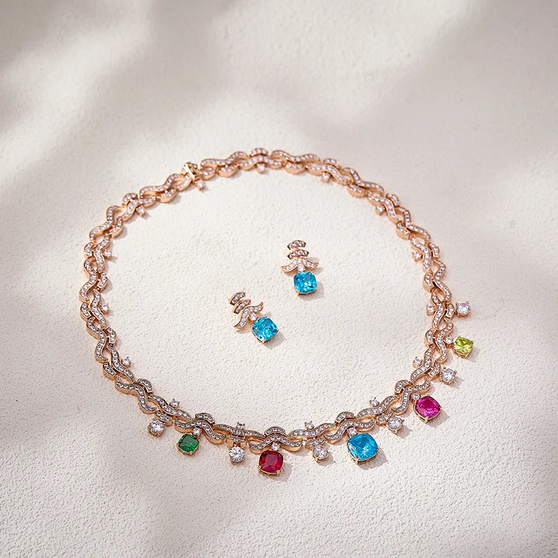 Colorful Zircon Brass Evening Gown Necklace Earring Set High-end Luxury  Dubai Fashionable Women's Jewelry