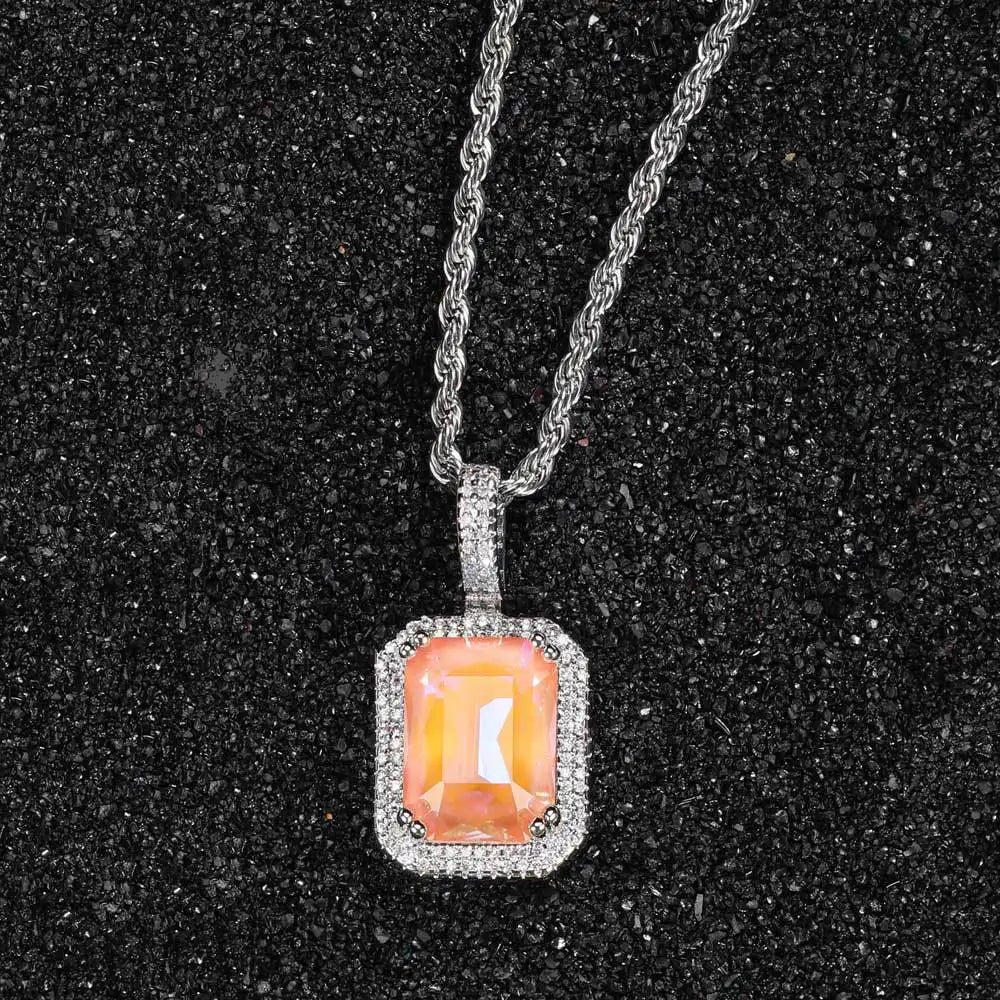 Luxury Bling Cubic Zirconia Jewelry Square Large Gemstone Pendant Necklace  for Men and Women Hip-Hop Sweater Chain Necklace