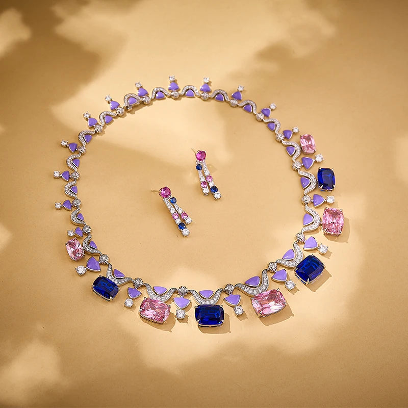 Brass pink Blue Necklace Earrings Two-piece Set Heavy Craftsmanship Texture Inlaid Zircon Low-temperature Enamel Women's Jewelry
