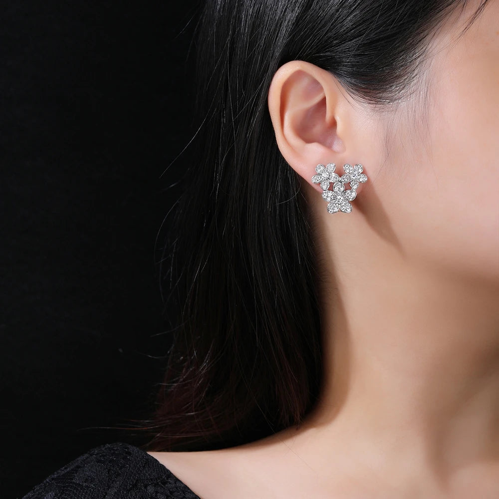 MUSHAN Jewelry Factory Full Diamond Three Flower S925 Pure Silver Petal Stud Earrings High End Electroplated Gold Jewelry